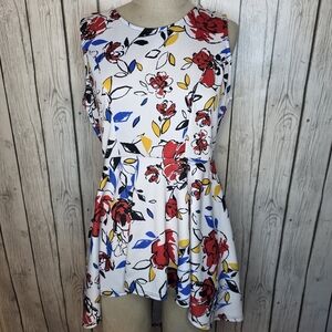 White Floral Fit & Flare Dress Tunic with Red and Yellow Blooms Cottagecore